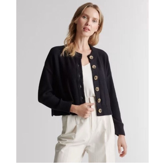 Quince Sweaters - Quince Womens 100% Organic Cotton Cropped Cardigan Black Sleeved Top M
